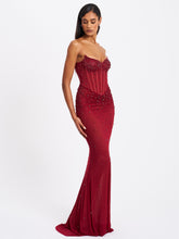 Load image into Gallery viewer, Fatima Burgundy Crystal Sleeveless Corset Mermaid Maxi Dress
