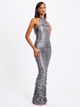 Load image into Gallery viewer, Abril Ruched Silver Glitter Backless Gown
