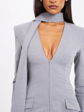 Load image into Gallery viewer, Tahlia Deep V Pinstripes Gray Blazer Dress with scarf collar
