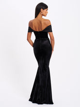 Load image into Gallery viewer, Qamra Black Velvet Off Shoulder Mermaid Maxi Dress
