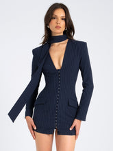 Load image into Gallery viewer, Tahlia Deep V Pinstripes Navy Blue Blazer Dress with scarf collar
