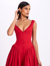 Load image into Gallery viewer, Nahla Red Drop Waist Midi Dress with Buttons

