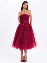 Load image into Gallery viewer, Mabel Burgundy Drop Waist Layered Mesh Midi Puffy Dress with Bow
