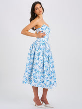 Load image into Gallery viewer, Paloma Blue Print Linen Corset Draping Top Midi Dress
