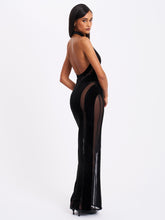 Load image into Gallery viewer, Paityn Black Velvet Mesh Cutout Halter Gown
