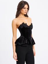 Load image into Gallery viewer, Qiara Black Velvet Peplum Top with Lace Trim
