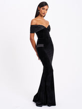 Load image into Gallery viewer, Qamra Black Velvet Off Shoulder Mermaid Maxi Dress
