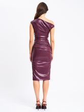 Load image into Gallery viewer, Sabina Purple Leather Slash Neck Midi Dress
