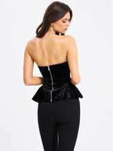 Load image into Gallery viewer, Qiara Black Velvet Peplum Top with Lace Trim
