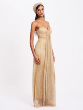Load image into Gallery viewer, Ada Gold Rhinestone Embellished Strapless Gown with Head Scarf
