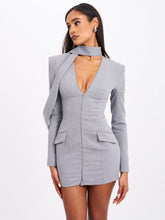 Load image into Gallery viewer, Tahlia Deep V Pinstripes Gray Blazer Dress with scarf collar
