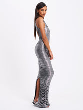 Load image into Gallery viewer, Abril Ruched Silver Glitter Backless Gown
