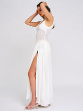 Load image into Gallery viewer, Ulissa White Square Neck Jacquard Textured High Slit Maxi Dress
