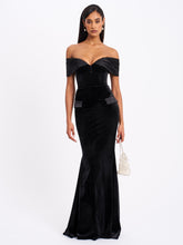 Load image into Gallery viewer, Qamra Black Velvet Off Shoulder Mermaid Maxi Dress
