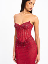 Load image into Gallery viewer, Fatima Burgundy Crystal Sleeveless Corset Mermaid Maxi Dress
