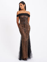 Load image into Gallery viewer, Qeturah Embroidered Sequin Off Shoulder Mesh Gown
