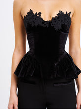 Load image into Gallery viewer, Qiara Black Velvet Peplum Top with Lace Trim
