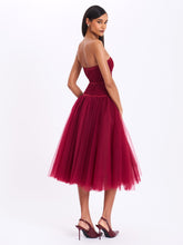 Load image into Gallery viewer, Mabel Burgundy Drop Waist Layered Mesh Midi Puffy Dress with Bow
