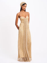 Load image into Gallery viewer, Ada Gold Rhinestone Embellished Strapless Gown with Head Scarf
