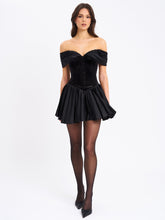 Load image into Gallery viewer, Echo Black Velvet Off-shoulder Pleated Mini Dress
