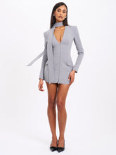 Load image into Gallery viewer, Tahlia Deep V Pinstripes Gray Blazer Dress with scarf collar
