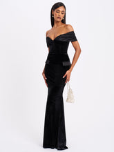 Load image into Gallery viewer, Qamra Black Velvet Off Shoulder Mermaid Maxi Dress

