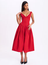 Load image into Gallery viewer, Nahla Red Drop Waist Midi Dress with Buttons
