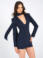 Load image into Gallery viewer, Tahlia Deep V Pinstripes Navy Blue Blazer Dress with scarf collar
