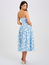 Load image into Gallery viewer, Paloma Blue Print Linen Corset Draping Top Midi Dress
