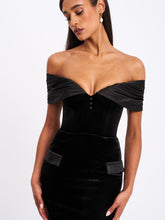 Load image into Gallery viewer, Qamra Black Velvet Off Shoulder Mermaid Maxi Dress
