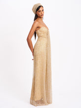 Load image into Gallery viewer, Ada Gold Rhinestone Embellished Strapless Gown with Head Scarf
