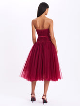Load image into Gallery viewer, Mabel Burgundy Drop Waist Layered Mesh Midi Puffy Dress with Bow

