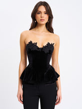 Load image into Gallery viewer, Qiara Black Velvet Peplum Top with Lace Trim
