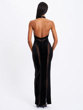 Load image into Gallery viewer, Paityn Black Velvet Mesh Cutout Halter Gown
