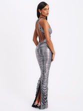 Load image into Gallery viewer, Abril Ruched Silver Glitter Backless Gown
