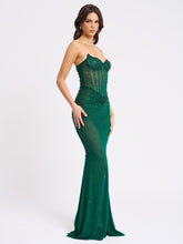 Load image into Gallery viewer, Fatima Green Crystal Sleeveless Corset Mermaid Maxi Dress
