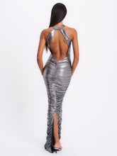 Load image into Gallery viewer, Abril Ruched Silver Glitter Backless Gown

