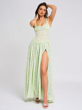 Load image into Gallery viewer, Ulissa Light Green Square Neck Jacquard Textured High Slit Maxi Dress
