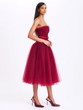 Load image into Gallery viewer, Mabel Burgundy Drop Waist Layered Mesh Midi Puffy Dress with Bow
