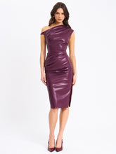 Load image into Gallery viewer, Sabina Purple Leather Slash Neck Midi Dress
