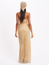Load image into Gallery viewer, Ada Gold Rhinestone Embellished Strapless Gown with Head Scarf
