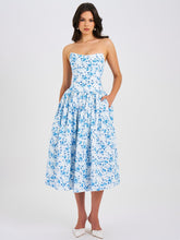 Load image into Gallery viewer, Paloma Blue Print Linen Corset Draping Top Midi Dress

