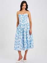 Load image into Gallery viewer, Paloma Blue Print Linen Corset Draping Top Midi Dress
