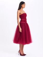 Load image into Gallery viewer, Mabel Burgundy Drop Waist Layered Mesh Midi Puffy Dress with Bow
