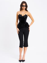 Load image into Gallery viewer, Qiara Black Velvet Peplum Top with Lace Trim
