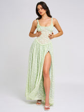 Load image into Gallery viewer, Ulissa Light Green Square Neck Jacquard Textured High Slit Maxi Dress
