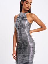 Load image into Gallery viewer, Abril Ruched Silver Glitter Backless Gown
