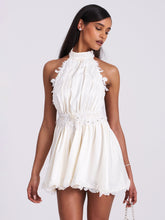 Load image into Gallery viewer, Idalia Pearl White Beaded Lace Trim Backless Halter Mini Dress
