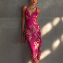 Load image into Gallery viewer, Carmine Red Backless Halter Maxi Dress – Printed High-Slit Slim-Fit Long Dress for Women
