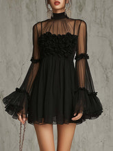 Load image into Gallery viewer, Women's Floral Embroidered Sheer Lace Dress — High Neck Flared Sleeve
